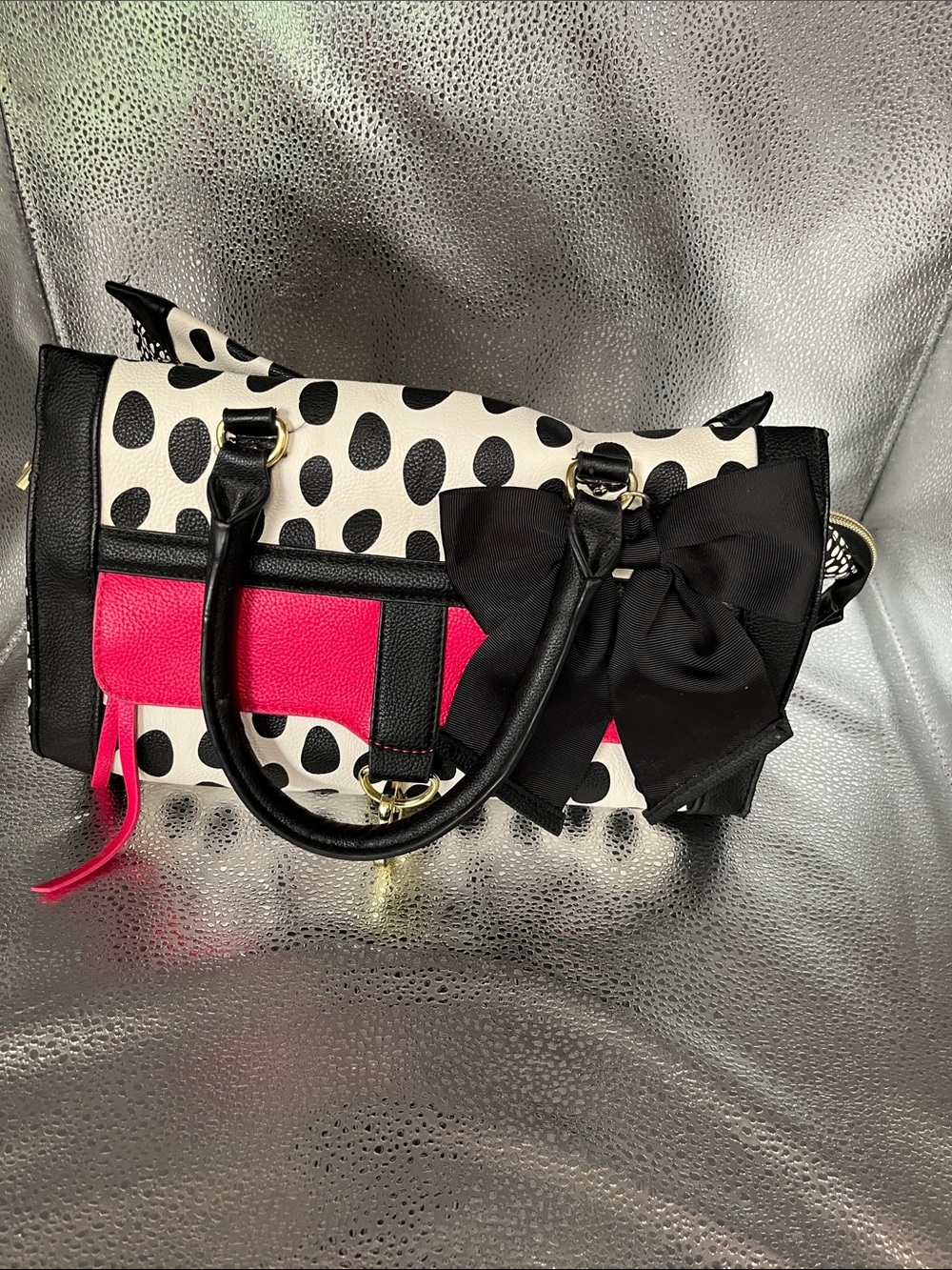 Betsy Johnston Polka Dot Satchel with Hot Pink Panel and Black Bow